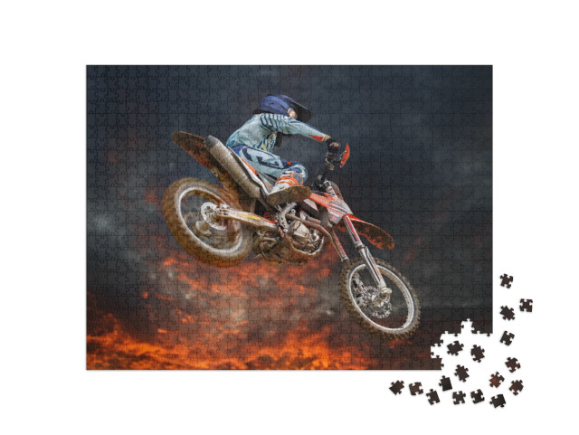 Jumping Motocross Rider with Firestorm in the Background... Jigsaw Puzzle with 1000 pieces