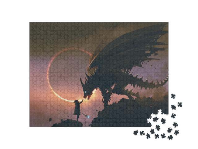 Scene of the Wizard Reaching Hand Out to His Dragon Stand... Jigsaw Puzzle with 1000 pieces