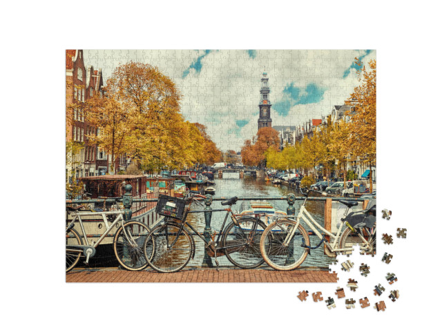 Bike Over Canal Amsterdam City. Picturesque Town Landscap... Jigsaw Puzzle with 1000 pieces