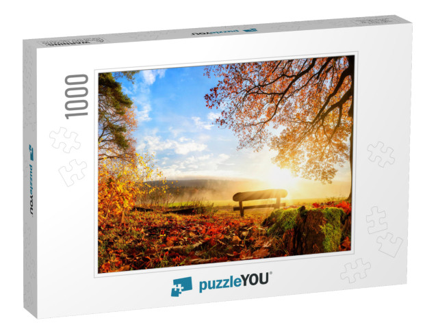 Autumn Landscape with the Sun Warmly Illumining a Bench U... Jigsaw Puzzle with 1000 pieces