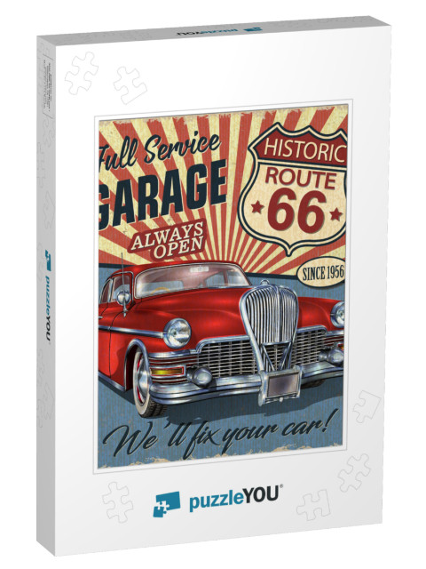 Vintage Route 66 Garage Retro Poster with Retro Car... Jigsaw Puzzle