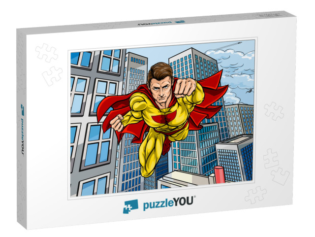 Cartoon Superhero in a Pop Art Comic Book Style Flying Ov... Jigsaw Puzzle