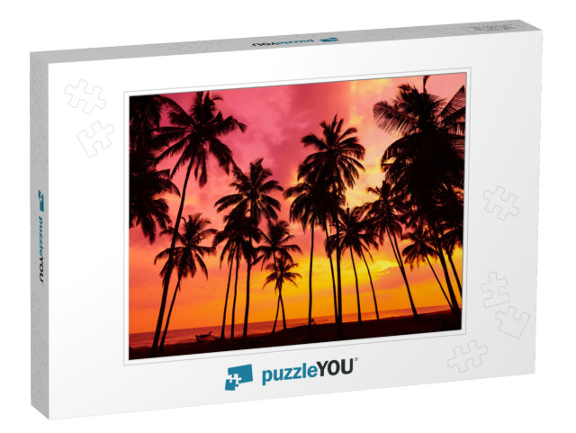 Palm Trees Silhouettes on Tropical Beach At Vivid Sunset... Jigsaw Puzzle