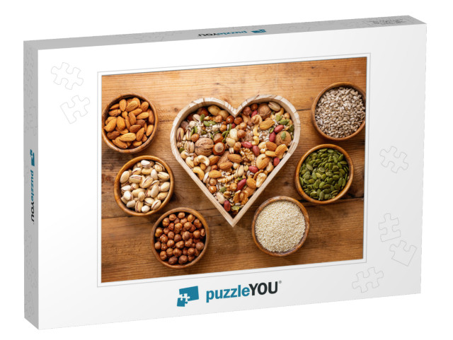 Heart Shaped Box & Small Bowls Full of Nuts & Seed on Rus... Jigsaw Puzzle