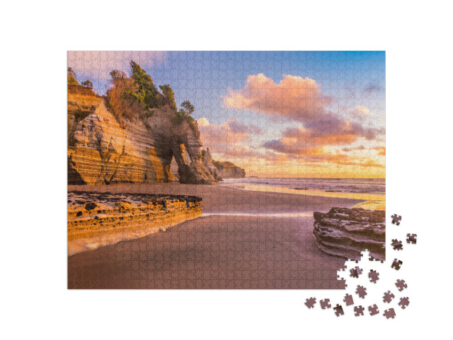 Sunset on a Rocky Beach in Taranaki District, New Zealand... Jigsaw Puzzle with 1000 pieces