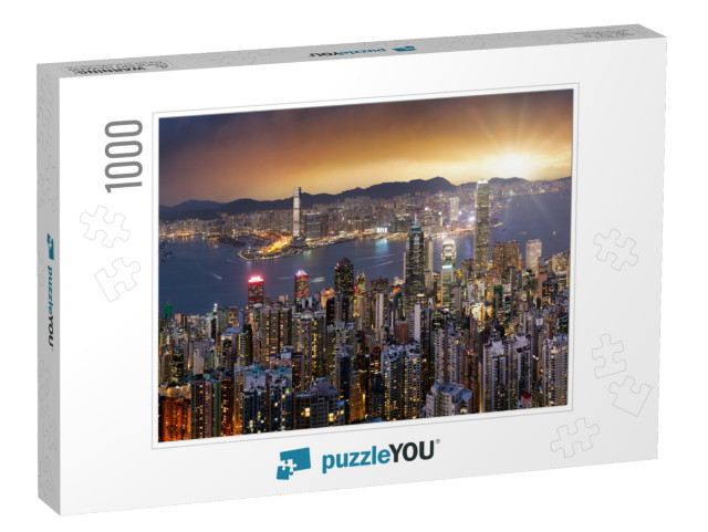 Hong Kong Skyline Panorama At Dramatic Sunset, China - As... Jigsaw Puzzle with 1000 pieces