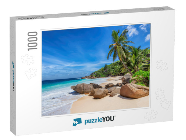 Tropical Sunny Beach & Coconut Palms on Seychelles. Summe... Jigsaw Puzzle with 1000 pieces