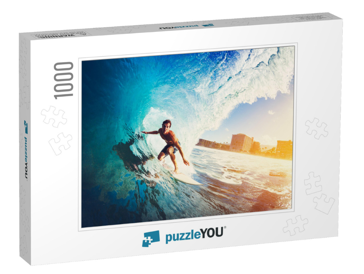 Surfer on Blue Ocean Wave Getting Barreled At Sunrise... Jigsaw Puzzle with 1000 pieces