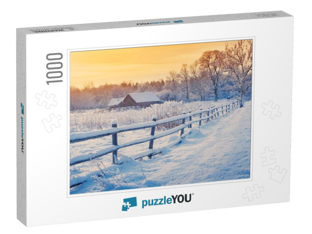 Rural House with a Fence in Winter. Village After Snowfal... Jigsaw Puzzle with 1000 pieces