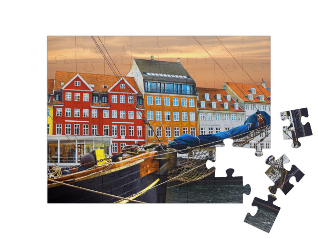 Copenhagen, Denmark. Yacht & Color Houses in Seafront Nyh... Jigsaw Puzzle with 48 pieces