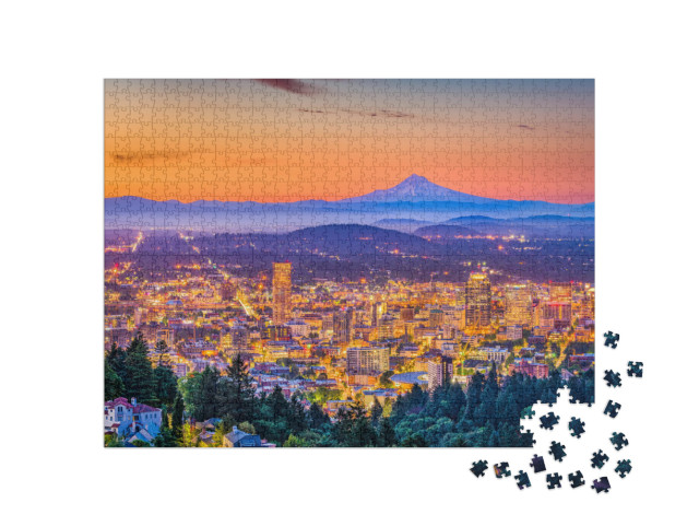 Portland, Oregon, USA Downtown Skyline with Mt. Hood At Da... Jigsaw Puzzle with 1000 pieces