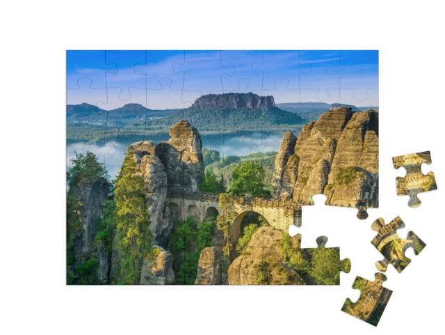 Bridge Named Bastei in Saxon Switzerland, At Sunrise & th... Jigsaw Puzzle with 48 pieces