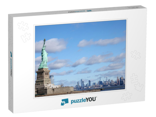 9/11 Memorial Lights with Statue of Liberty Shot from New... Jigsaw Puzzle