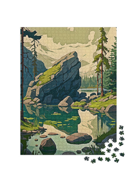 Rugged Majestic Rock Juts Proudly Upward from the Shallows of a Beautiful Mountain Lake Jigsaw Puzzle with 1000 pieces