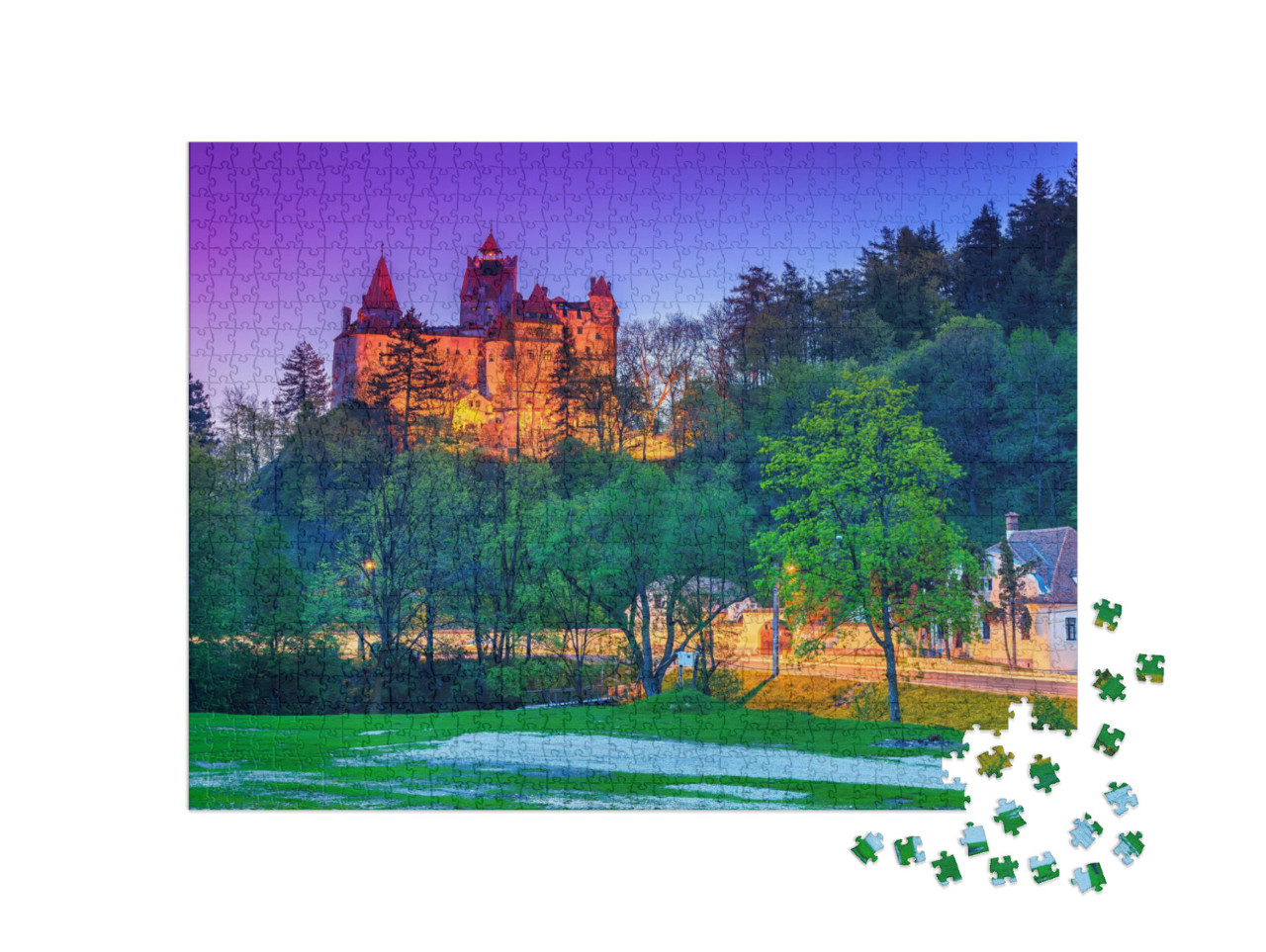 The Famous Bran Castle with Stunning Lights in the Evenin... Jigsaw Puzzle with 1000 pieces