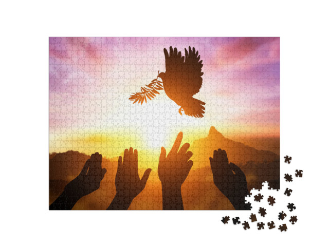 Silhouette of Many Hand Desire to Dove Carrying Olive Lea... Jigsaw Puzzle with 1000 pieces