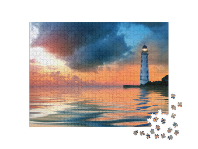 Beautiful Nightly Seascape with Lighthouse & Moody Sky At... Jigsaw Puzzle with 1000 pieces