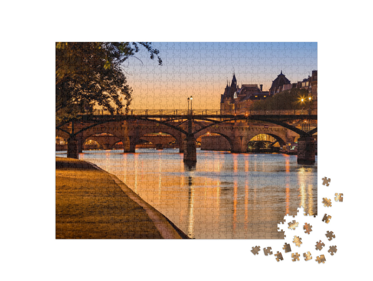 Sunrise on the Seine River Banks, Pont Des Arts & Pont Ne... Jigsaw Puzzle with 1000 pieces