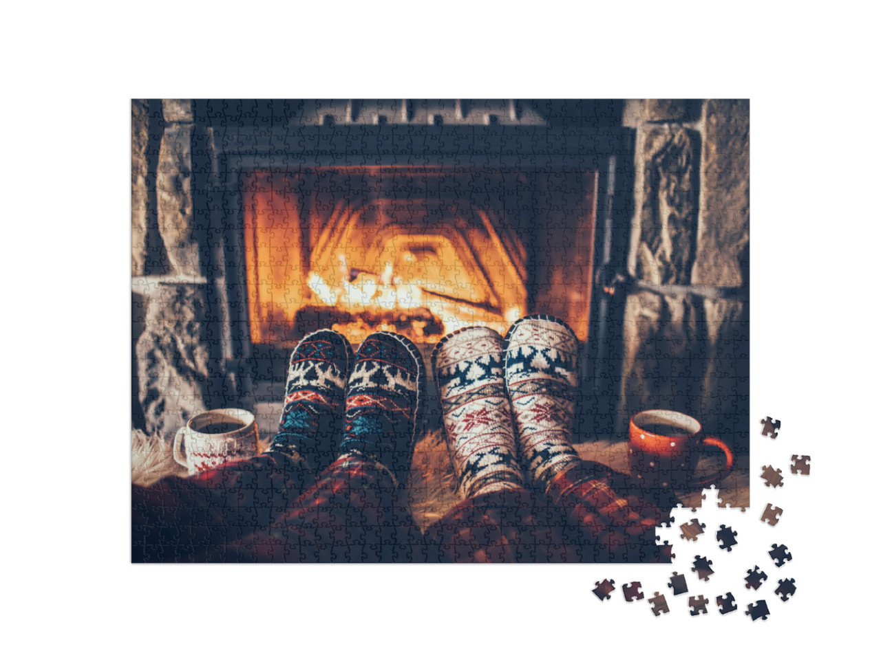 Feet in Woolen Socks by the Christmas Fireplace. Couple S... Jigsaw Puzzle with 1000 pieces