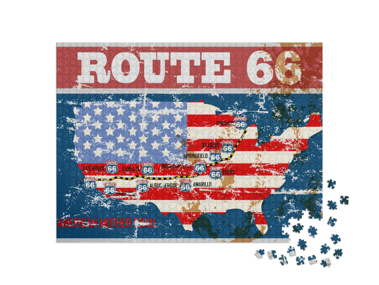 Grungy Route Sixty Six Road Map, Retro Grungy Vector Illu... Jigsaw Puzzle with 1000 pieces