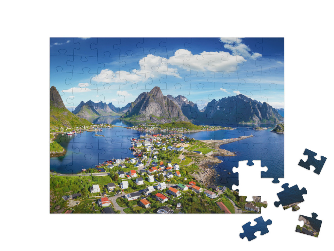 Reine, Lofoten, Norway. the Village of Reine Under a Sunn... Jigsaw Puzzle with 100 pieces