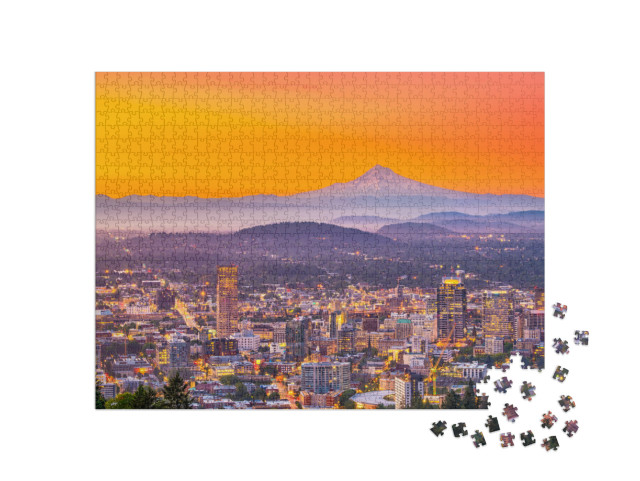 Portland, Oregon, USA Downtown Skyline with Mt. Hood At Da... Jigsaw Puzzle with 1000 pieces