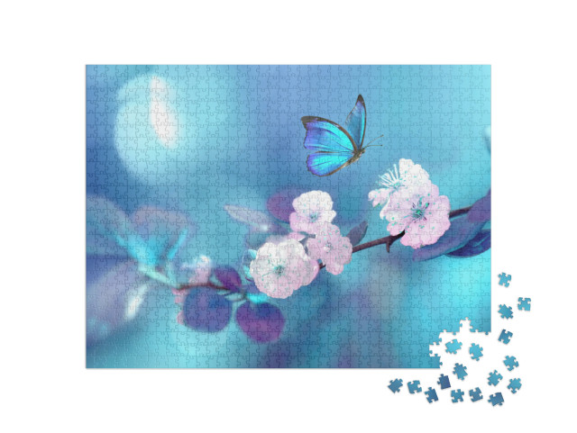 Beautiful Blue Butterfly in Flight Over Branch of Floweri... Jigsaw Puzzle with 1000 pieces