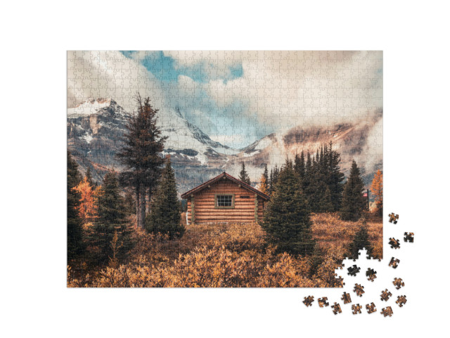 Wooden Hut with Assiniboine Mountain in Autumn Forest At... Jigsaw Puzzle with 1000 pieces