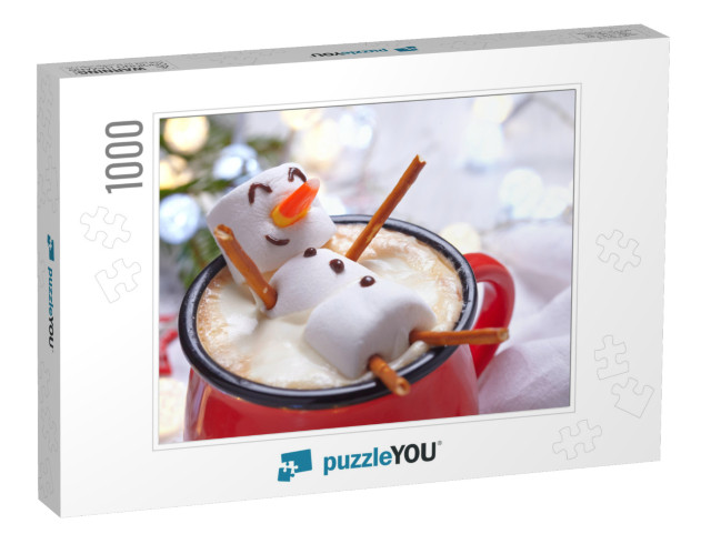 Red Mug with Hot Chocolate with Melted Marshmallow Snowma... Jigsaw Puzzle with 1000 pieces