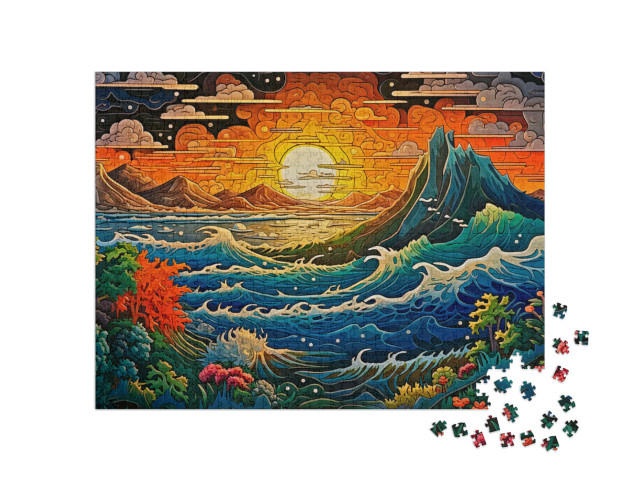 As the Sun Sets between the Mountains, the Choppy Sea Rages Jigsaw Puzzle with 1000 pieces