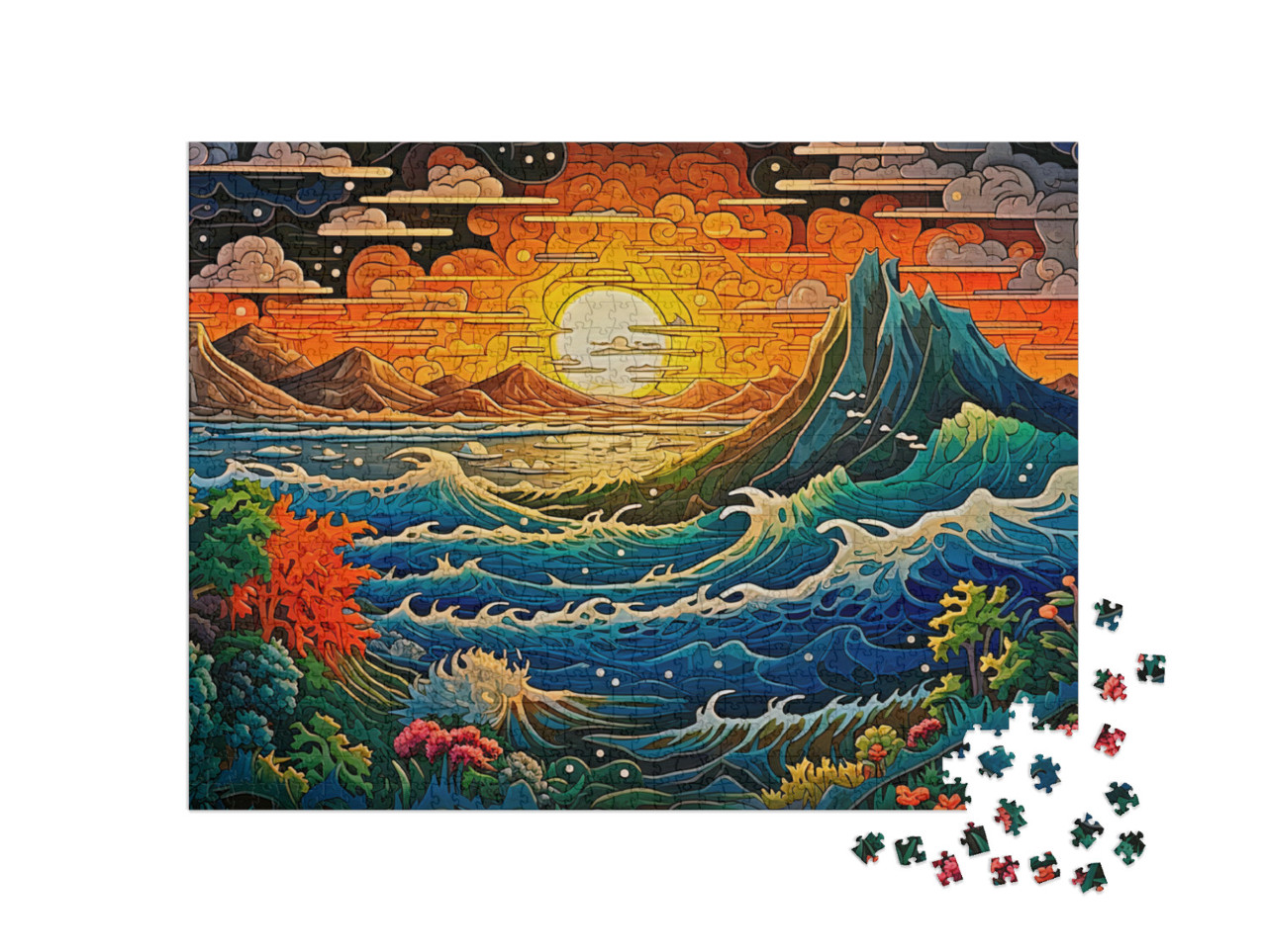 As the Sun Sets between the Mountains, the Choppy Sea Rages Jigsaw Puzzle with 1000 pieces