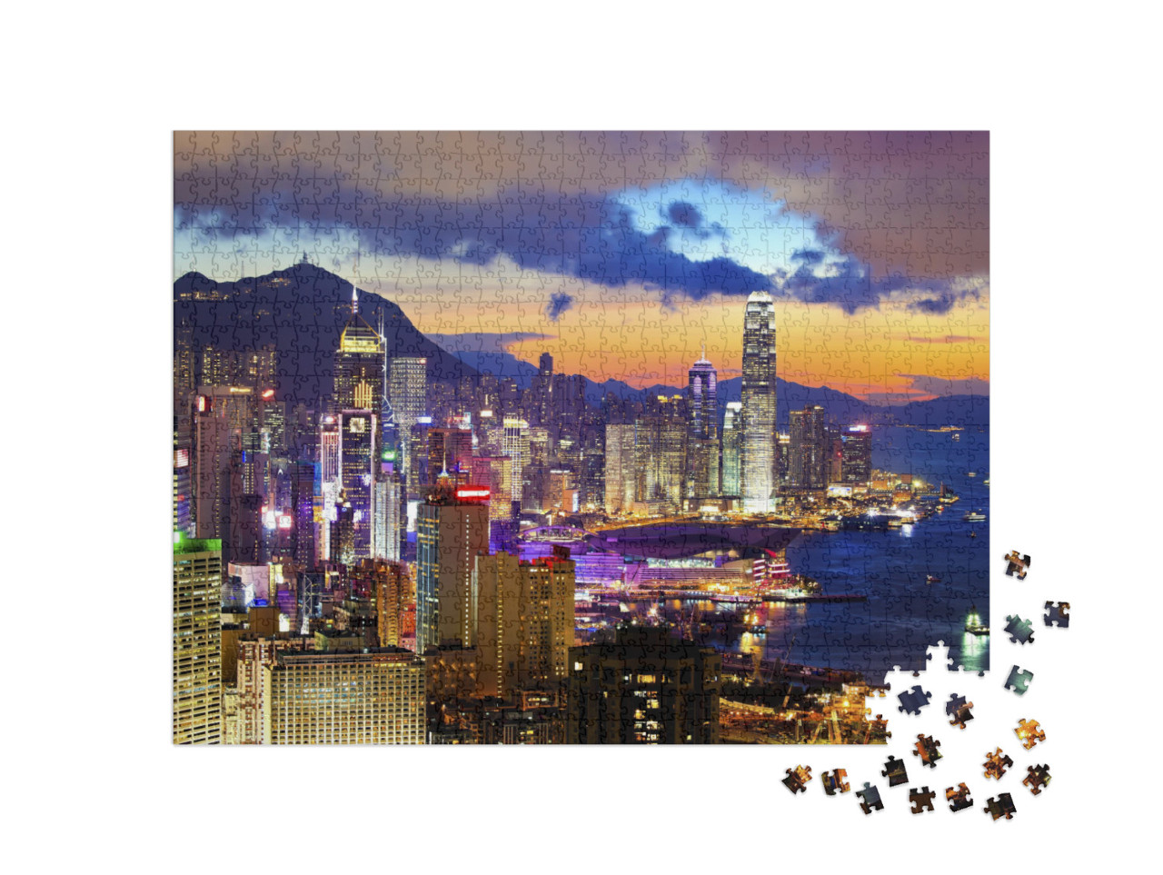 Crowded Downtown & Building in Hong Kong At Sunset... Jigsaw Puzzle with 1000 pieces