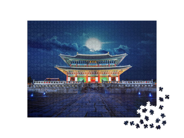 Gyeongbokgung Palace & Full Moon At Night in Seoul, South... Jigsaw Puzzle with 1000 pieces