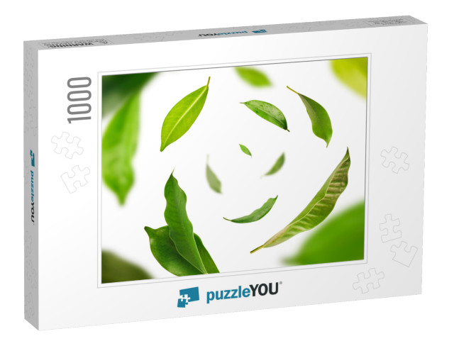 Vividly Flying in the Air Green Tea Leaves Isolated on Wh... Jigsaw Puzzle with 1000 pieces