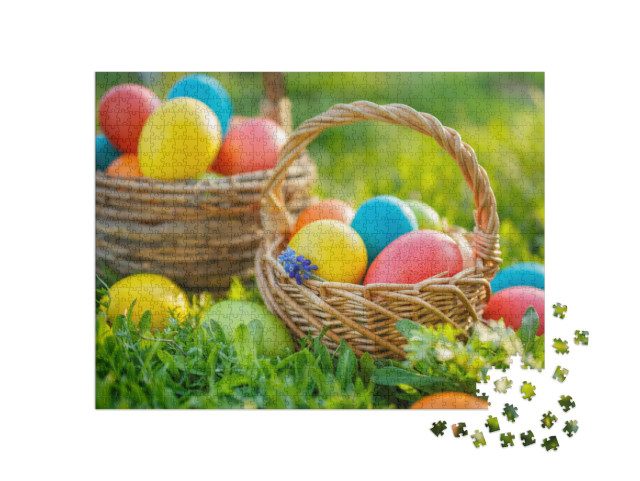 Happy Easter. Colorful Easter Eggs in Baskets, on the Spr... Jigsaw Puzzle with 1000 pieces