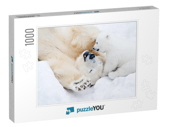 Female Polar Bear Playing with Her Little Cub on the Snow... Jigsaw Puzzle with 1000 pieces