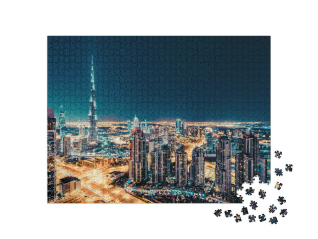 Fantastic Nighttime Skyline with Illuminated Skyscrapers... Jigsaw Puzzle with 1000 pieces