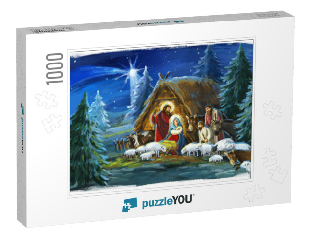 Traditional Christmas Scene with Holy Family & Animals... Jigsaw Puzzle with 1000 pieces