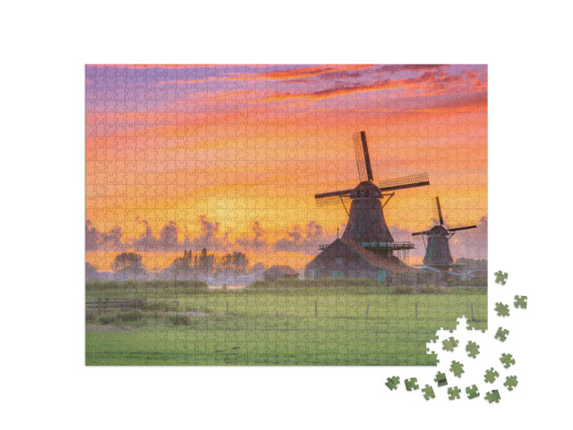 Traditional Village with Dutch Windmills & River At Sunse... Jigsaw Puzzle with 1000 pieces