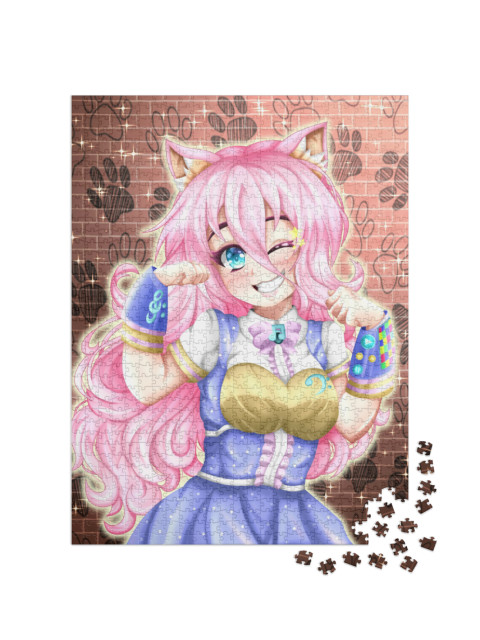 Happy Kawaii Anime Neko Girl of Pink Hair, Anime Illustra... Jigsaw Puzzle with 1000 pieces