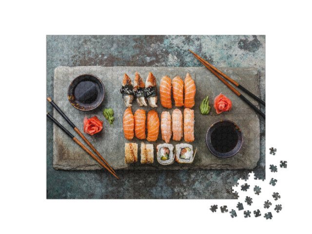 Sushi Set Sashimi & Sushi Rolls Served on Stone Slate... Jigsaw Puzzle with 1000 pieces