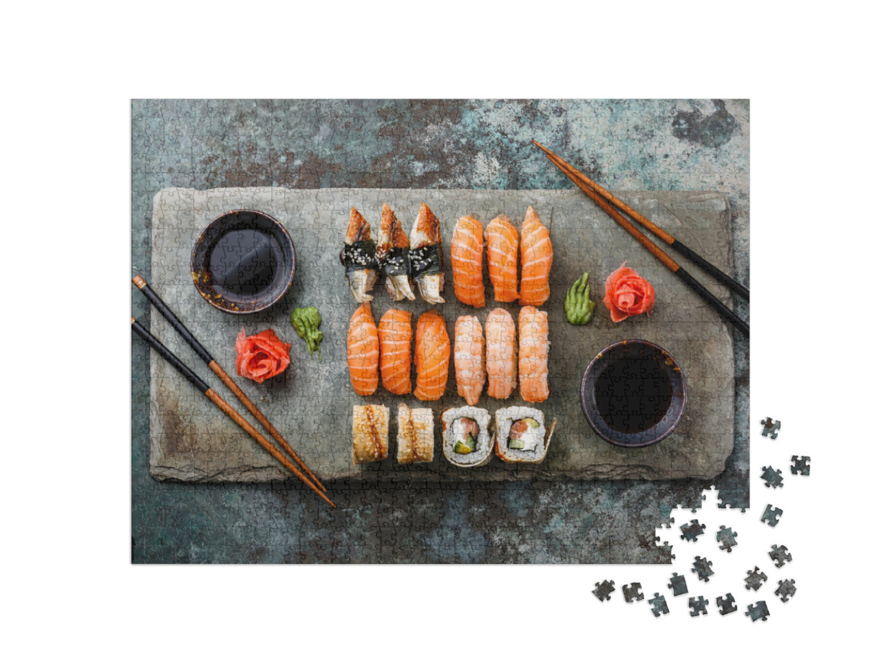 Sushi Set Sashimi & Sushi Rolls Served on Stone Slate... Jigsaw Puzzle with 1000 pieces