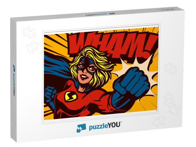 Pop Art Comic Book Style Super Heroine Punching with Fema... Jigsaw Puzzle
