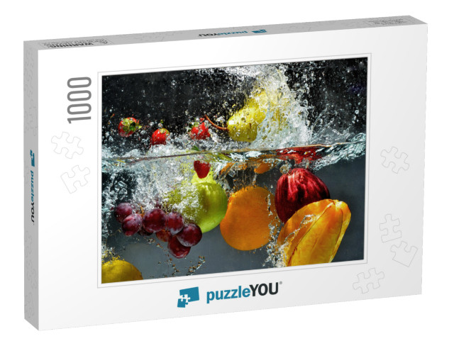 Splashing Fruit on Water. Fresh Fruit & Vegetables Being... Jigsaw Puzzle with 1000 pieces