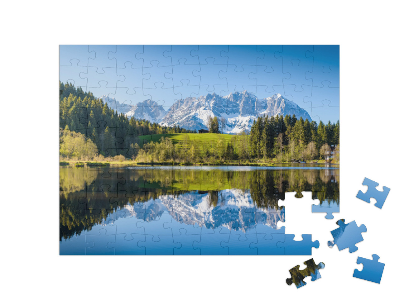 Idyllic Alpine Scenery, Snowy Mountains Mirroring in a Sm... Jigsaw Puzzle with 100 pieces