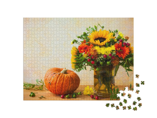 Autumn Still Life with Flowers & Pumpkin... Jigsaw Puzzle with 1000 pieces