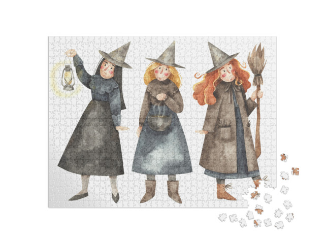 Three Witches with Kerosene Lamp, Broom & Pot. W... Jigsaw Puzzle with 1000 pieces