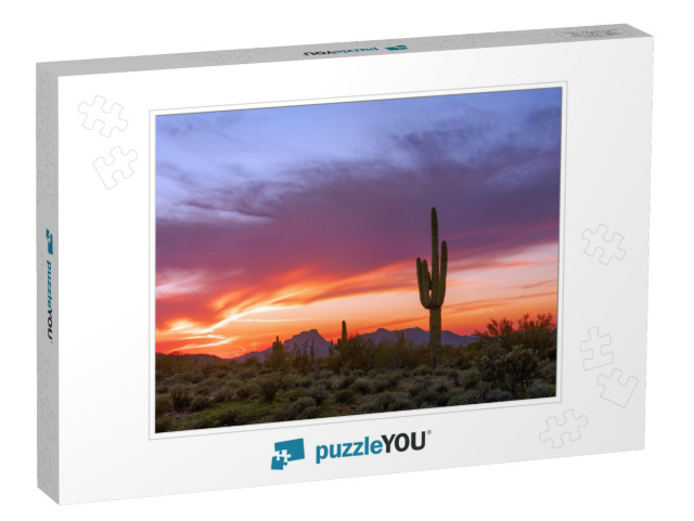 Arizona Desert Landscape with Saguaro Cactus At Sunset... Jigsaw Puzzle