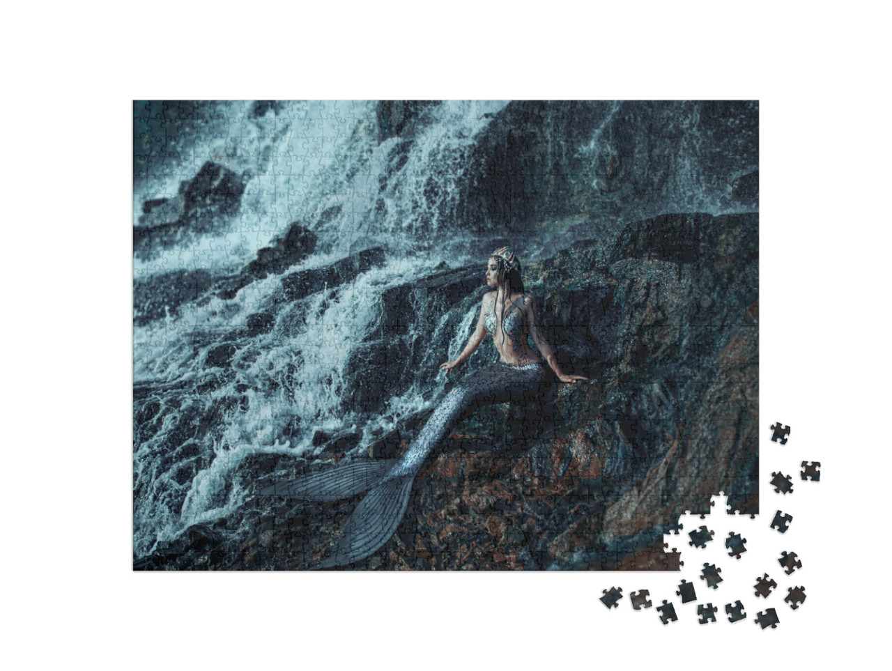 Gothic Real Mermaid Resting on Ocean Shore. Wet Silver Ta... Jigsaw Puzzle with 1000 pieces