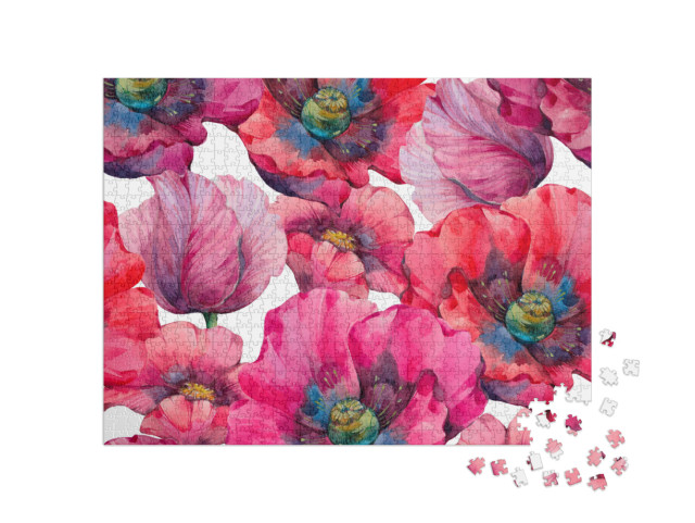 Watercolor Poppies, Seamless Botanical Pattern for Design... Jigsaw Puzzle with 1000 pieces